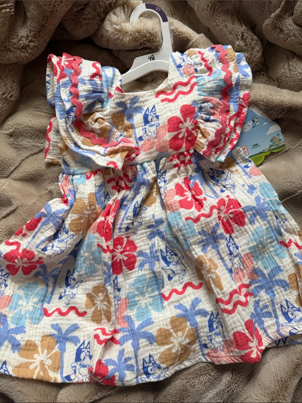 Bluey Girls Floral Ruffle Sundress in Coral, Blue & Tan